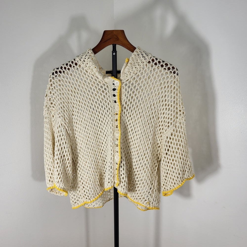Forever 21 Womens Crochet Cardigan Cream Yellow Trim Open Knit Boho Sweater M